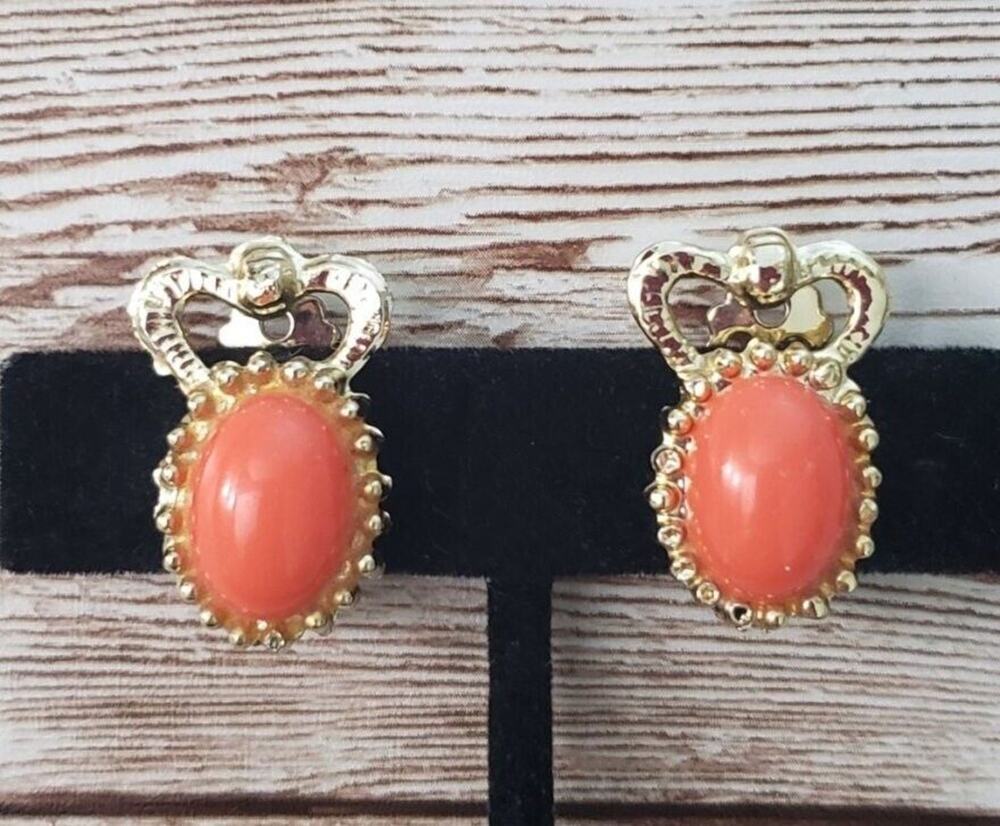 Vintage Clip On Earrings - Orange with Gold Tone Crown Halo